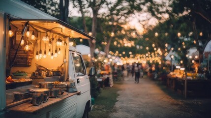 Naklejka premium Bustling festive night market scene, events atmosphere with vendors in van stalls and numerous twinkling string lights.