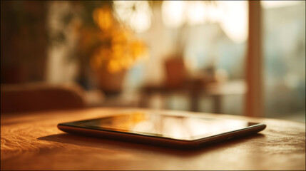 Obraz premium Tablet device resting on a wooden table with warm sunlight illuminating the scene, soft focus on background elements creating a cozy indoor atmosphere