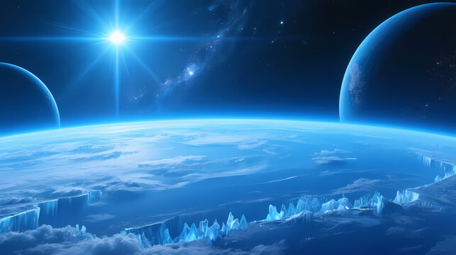 Glowing blue planet in deep space