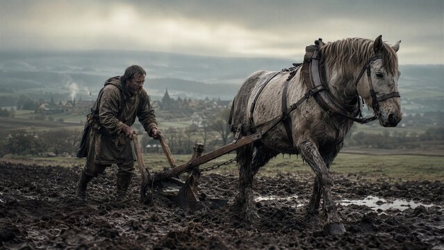 Peasant man ploughing field with horse in medieval village. Farmer working in wet mud during agriculture season. Traditional farming of commoner in history. Rustic hard labor lifestyle.