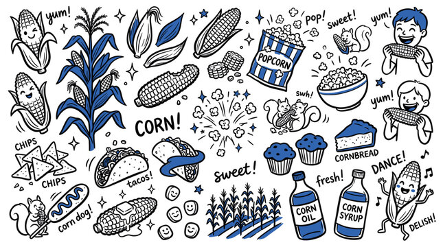 Vibrant collection of hand-drawn corn-related illustrations, featuring various forms of corn, food, and happy characters on a clean white background