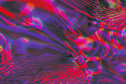 Abstract glitch halftone with dense red and magenta topographic ripples and datamosh dot distortion on purple background. Suits a trippy psychedelic rave poster with raw underground energy.