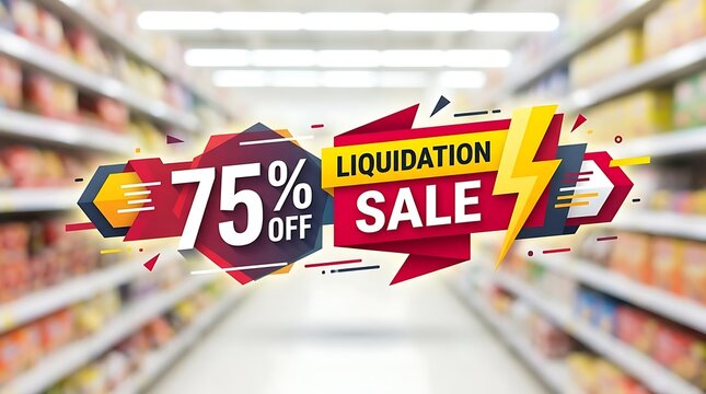 Seventy five percent off liquidation sale 3D promotional banner floating in modern supermarket aisle