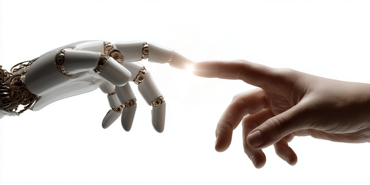  Robot and human hands reaching toward each other in a modern Creation of Adam concept, symbolizing the connection between artificial intelligence and humanity, isolated on a transparent background.
