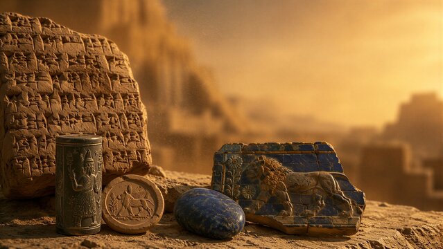 Archaeological artifacts from ancient Mesopotamia including cuneiform tablet, cylinder seal, and Ishtar gate tile piece. Historical relic from Babylon for museum education exhibit.