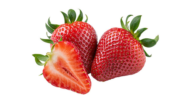 Ripe red strawberries one cut in half, isolated on transparent background