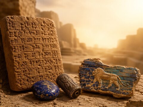 Ancient cuneiform clay tablet with cylinder seal and relief fragment of lion from Babylon. Archaeological artifacts from Mesopotamia on desert background. History and archeology concept.