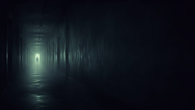Man standing at end of dark misty corridor with glowing light. Mysterious scene in gloomy hallway representing horror, loneliness, afterlife or unknown journey. Surreal atmospheric concept.
