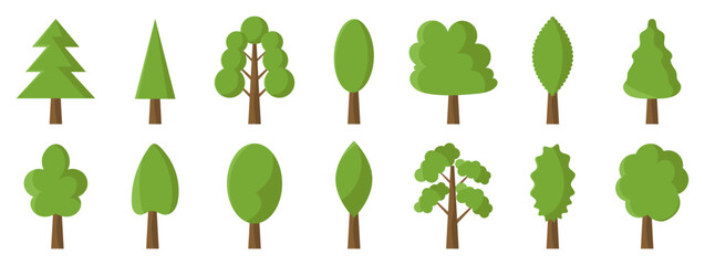 Fototapeta premium Simple green tree collection with stylized forest and park trees for maps, landscapes, ecology projects, educational graphics and nature illustrations