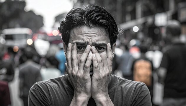 portrait of a young man filled with anxiety and fear