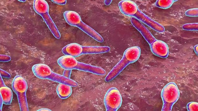 Clostridium botulinum bacterium, 3D animation showing rod-shaped anaerobic bacteria with subterminal endospores giving a tennis-racket appearance.