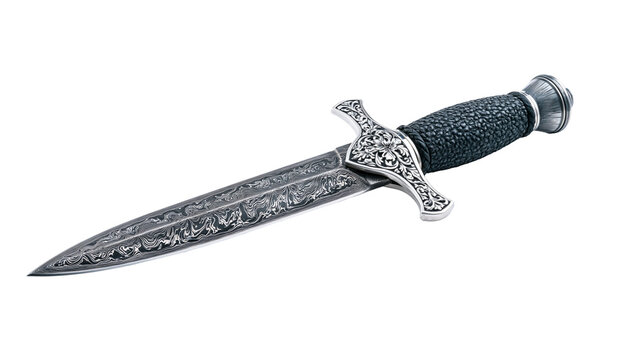 Ornate Damascus steel dagger with textured black handle, isolated on transparent background
