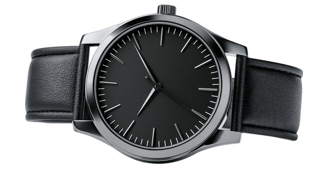 Black leather wristwatch with silver accents on transparent background watch clock timepiece accessories fashion style elegant
