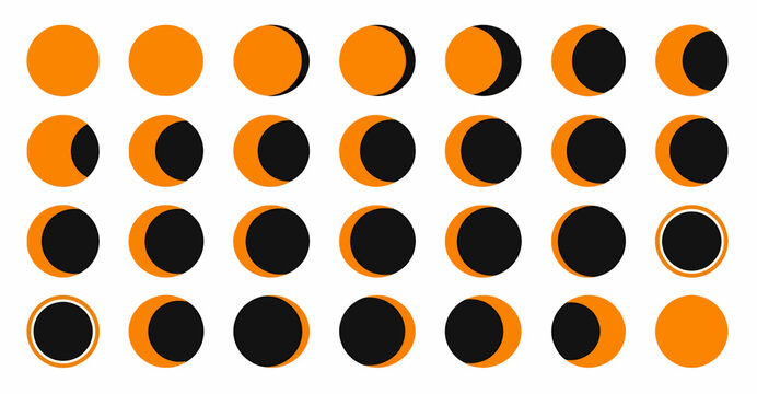 Eclipsed Moon Cycle Icon Set Illustrating Various Lunar Phases in Orange and Black