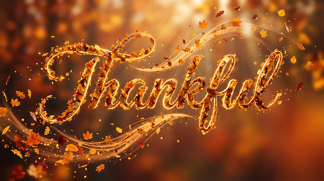 Autumn leaves swirling around thankful text