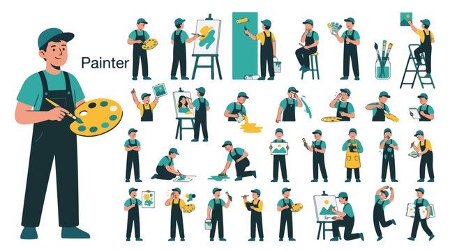 Professional painter character set, male artist in overalls with palette and brush, house painter and fine art creator vector collection