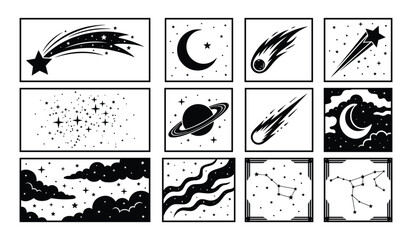 Celestial Icons Collection with Stars Moon and Planets in Monochrome Style © MdJamil