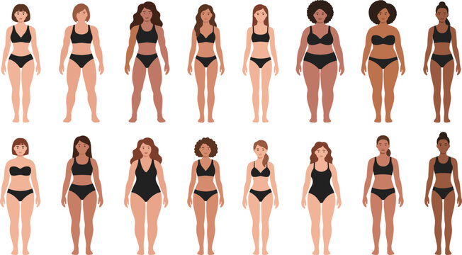 Diverse Women Body Type Collection with Inclusive Female Characters Flat Vector Illustration Set