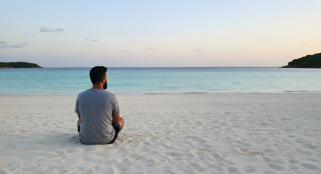 Man Sitting on Empty Beach at Sunset Reflecting on Life and Enjoying the Peaceful Ocean View in Tropical Paradise