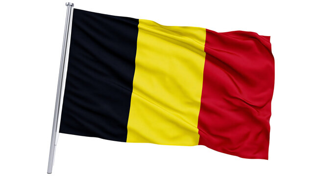 Waving Belgian flag with black yellow and red vertical stripes, isolated on transparent background