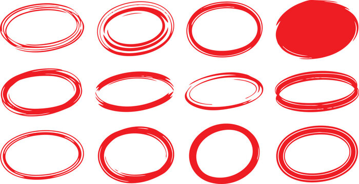 Set of hand drawn red doodle ellipses. Bright red scribble ovals and bubbles to circle and highlight text. Collection of different brush drawn black circles. Marker round elements isolated on white.