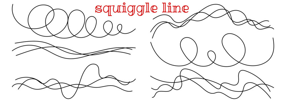 Cable pattern squiggly and curve continuous line with wavy long set. Squiggle rope knot and graphic isolated arrow with loop black flow. Banner pasta wave and decoration abstract messy.