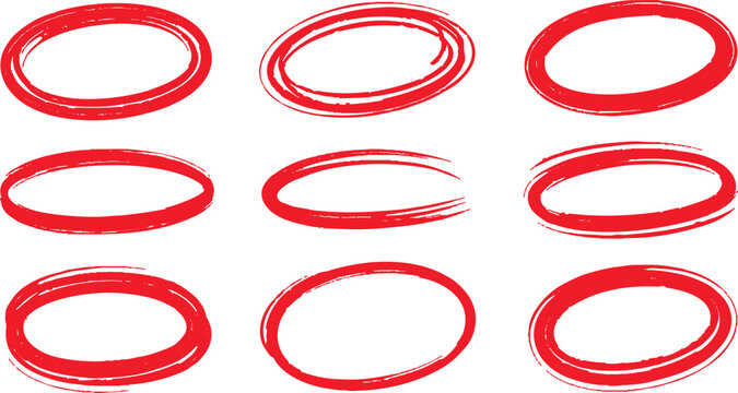 Set of hand drawn red doodle ellipses. Bright red scribble ovals and bubbles to circle and highlight text. Collection of different brush drawn black circles. Marker round elements isolated on white.