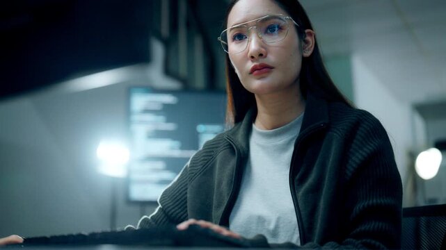 Female software developer wearing glasses coding on a computer modern office. Ideal for software development programming, cybersecurity, digital technology, productivity, and professional IT concepts.