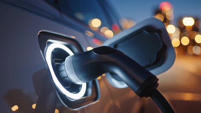 Hand plugs a charging cable into an electric car port at night with a glowing light. sustainable energy, eco transport, future mobility.