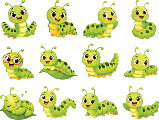 Fototapeta premium Cute Green Caterpillar Cartoon Character Vector Illustration Set with Various Poses and Expressions for Kids Education School Books and Baby Nursery Graphic Designs