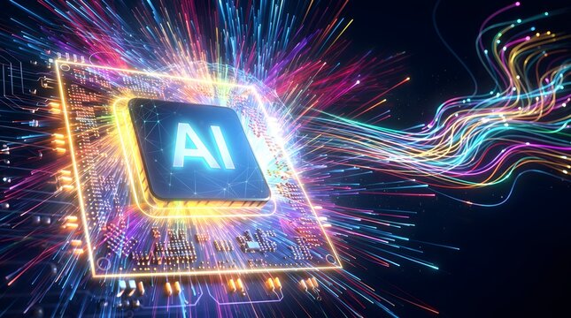 Artificial intelligence microchip glowing with colorful data streams representing advanced quantum computing power