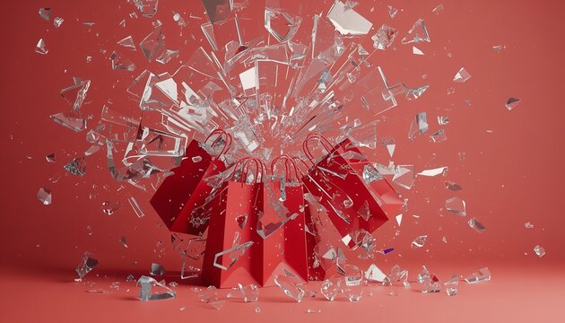 Shattering Glass Explodes Around Red Shopping Bags