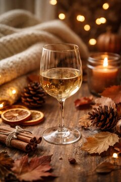 Glass of white wine on rustic wooden table surrounded by autumn leaves and acorns, with warm light filtering through a window in the background