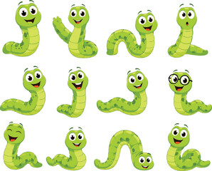 Fototapeta premium Cute Green Caterpillar and Worm Cartoon Character Vector Set with Various Happy Facial Expressions and Poses for Children Education and Book Illustrations