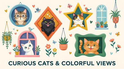 Fototapeta premium Cute cats looking through decorative and frames set with whimsical, illustration