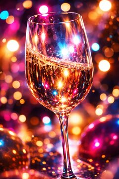 Sparkling wine glass held in hand with blurred festive background of colorful lights and bokeh effects, creating a celebratory atmosphere for events and parties