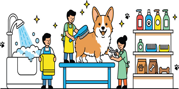 Professional pet grooming salon banner with groomers washing brushing and cutting cute corgi dog hair