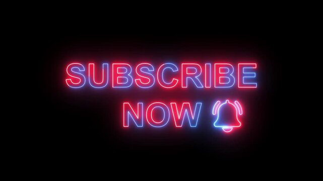 Neon Subscribe Now Text and Bell Icon Loop Animation on Black Background. Glowing Neon Subscribe Now Button and Notification Bell Graphic