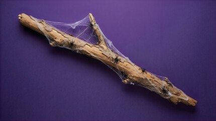 Fototapeta premium Cobweb covered driftwood, purple background, natural still life, eerie atmosphere Halloween