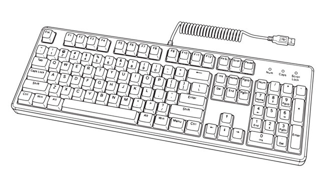 Mechanical computer keyboard line art vector, gaming keyboard with coiled USB cable illustration, minimalist black and white peripheral hardware icon