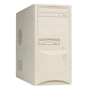Cream colored desktop computer tower with optical drive and floppy drive
