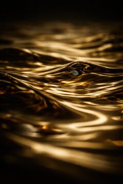 Abstract image of flowing golden liquid with shimmering highlights and dark background, creating a dynamic and vibrant visual effect