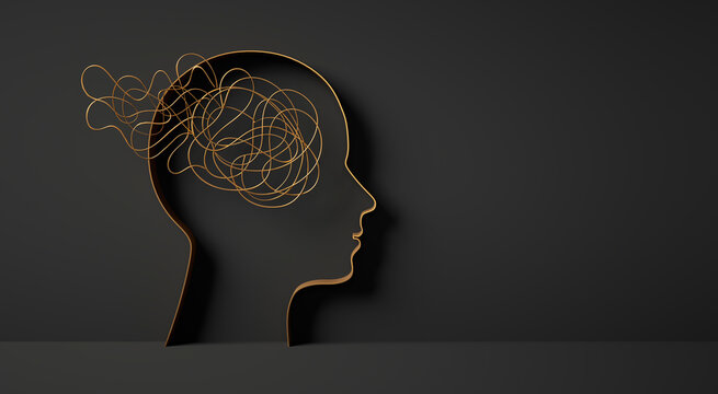3D silhouette of a head with white tangled rope or cord inside symbolizing mental complexity and confusion on dark background - 3d illustration
