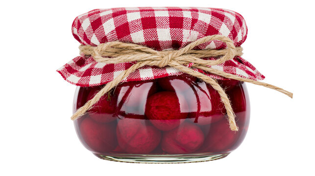 Glass jar of preserved cherries with red gingham lid and twine bow, isolated on transparent background
