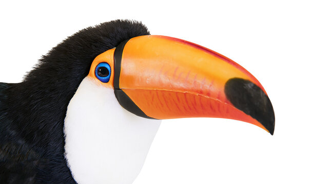 Plush toucan bird with large orange beak, isolated on transparent background