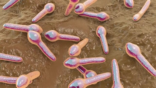 Clostridium botulinum bacterium, 3D animation showing rod-shaped anaerobic bacteria with subterminal endospores giving a tennis-racket appearance.