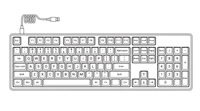 Mechanical computer keyboard line art vector, wired full-size qwerty keyboard illustration, minimalist black and white tech peripheral icon