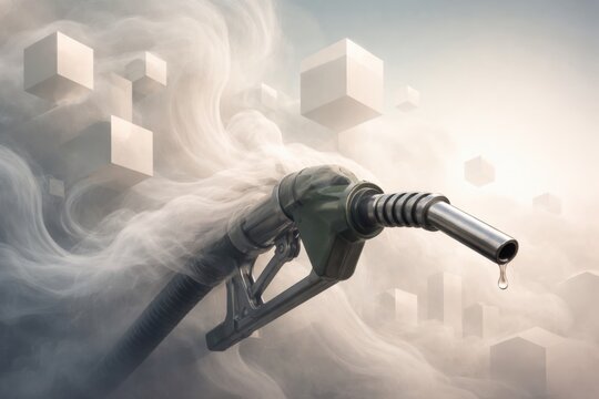 Fuel nozzle with a droplet of gasoline surrounded by smoke and abstract geometric shapes, illustrating themes of energy and consumption in a surreal manner