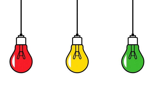 Three hanging incandescent light bulbs in red yellow and green, isolated on transparent background