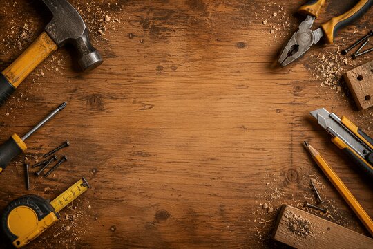 Top view of various hand tools arranged on a wooden table. Construction and renovation concept. DIY repair equipment like hammer, screwdriver and tape measure for home improvement project.